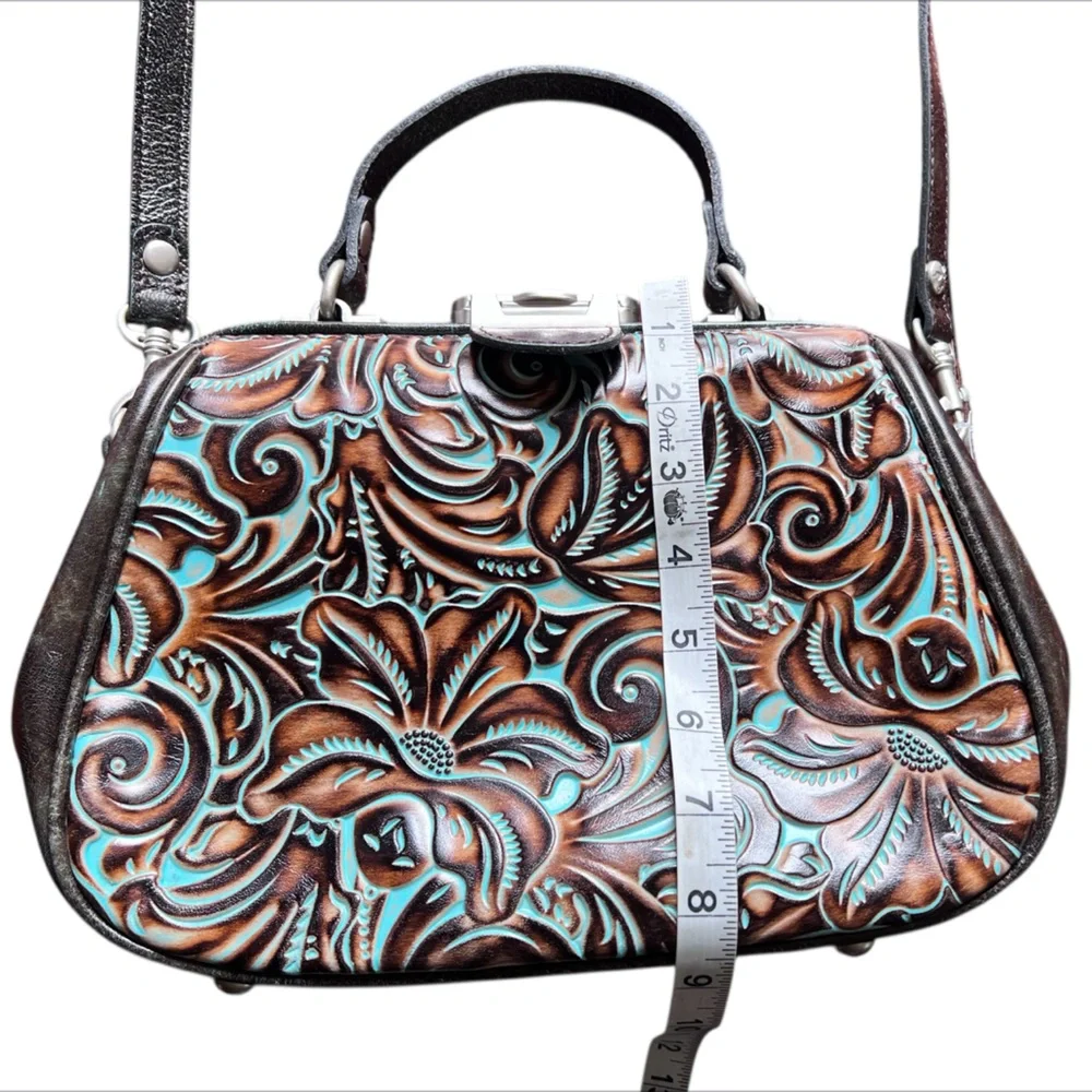 Patricia Nash Turquoise Framed Gracchi Tooled Burnt Leather Crossbody Set - Picture 8 of 16